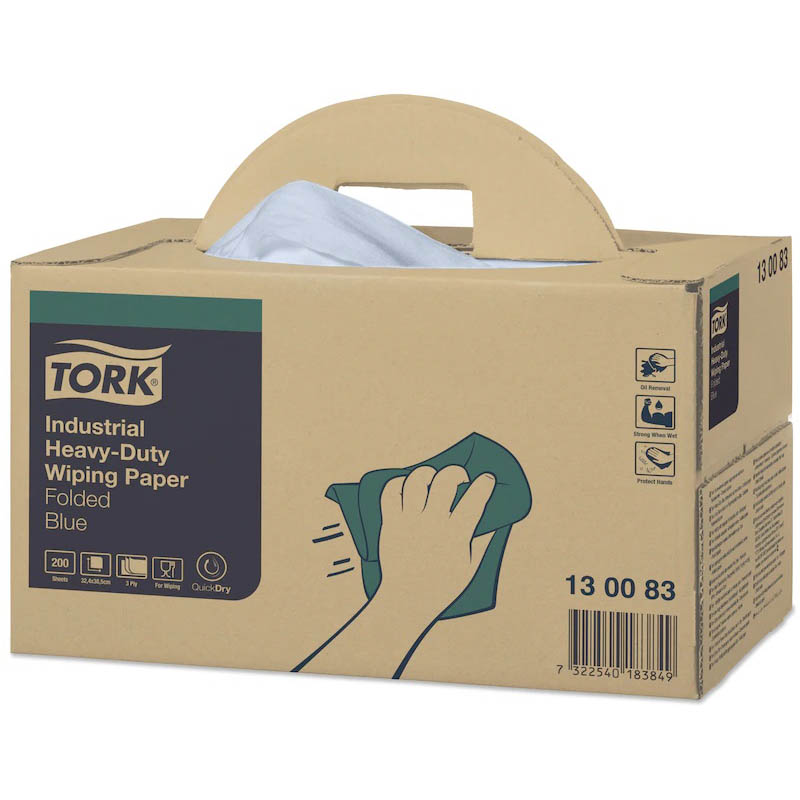 Image for TORK 130083 INDUSTRIAL HEAVY DUTY WIPING PAPER 3-PLY BLUE BOX 200 from York Stationers
