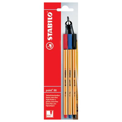 Image for STABILO 88 POINT FINELINER PEN 0.4MM ASSORTED PACK 3 from Office Fix - WE WILL BEAT ANY ADVERTISED PRICE BY 10%