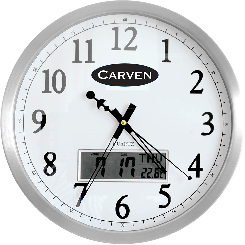 Image for CARVEN WALL CLOCK WITH LED DATE 350MM ALUMINIUM FRAME from Clipboard Stationers & Art Supplies