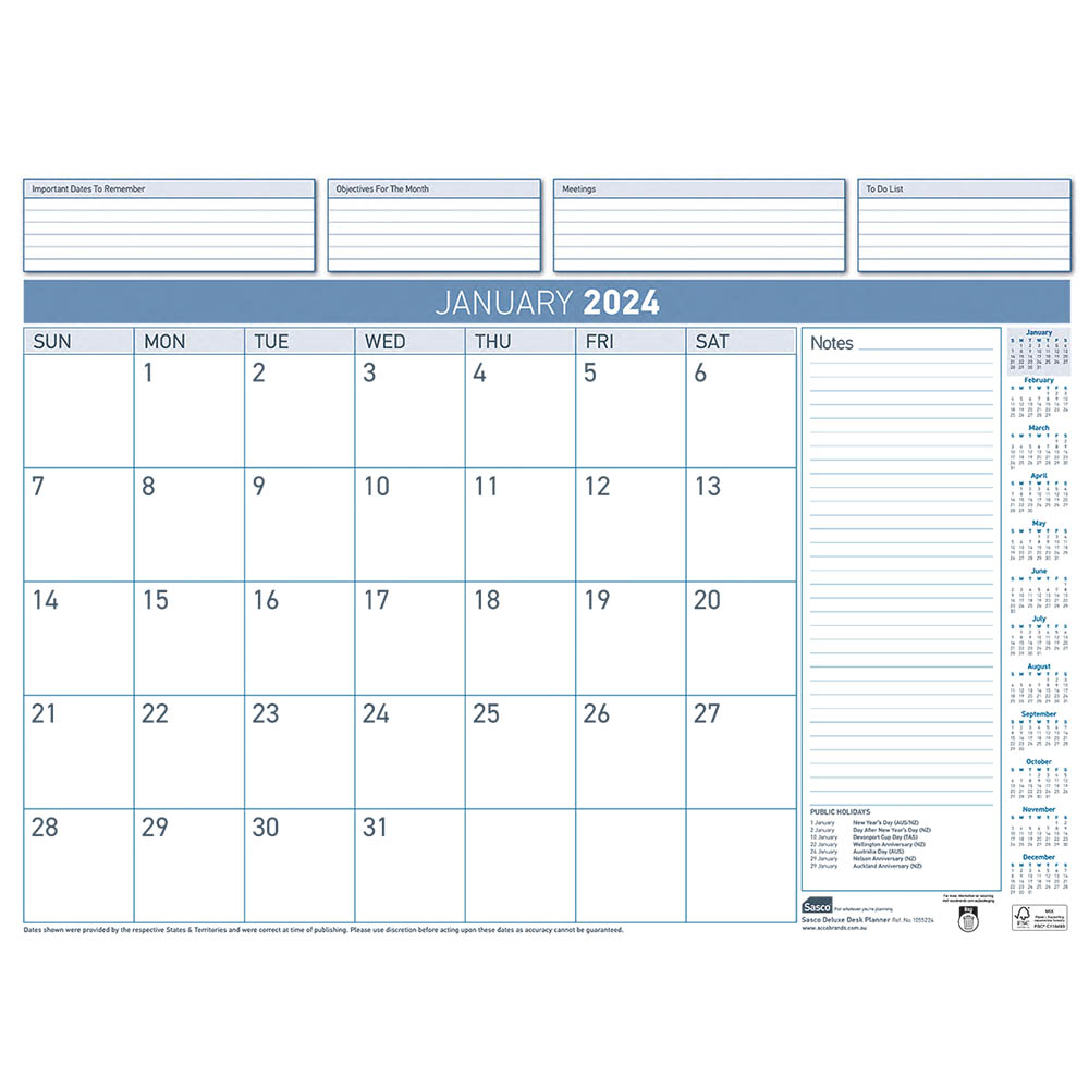 Image for SASCO 10552RFL DELUXE REFILL PACK 12 SHEETS DESK PLANNER MONTH TO VIEW from Prime Office Supplies