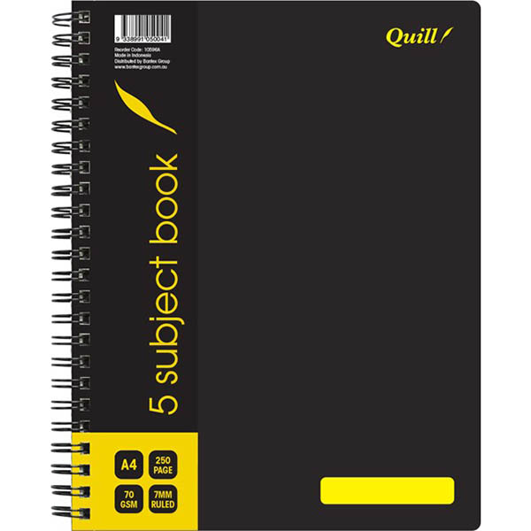 Image for QUILL Q596 5-SUBJECT NOTE BOOK SPIRALBOUND 70GSM A4 250 PAGE BLACK from Clipboard Stationers & Art Supplies