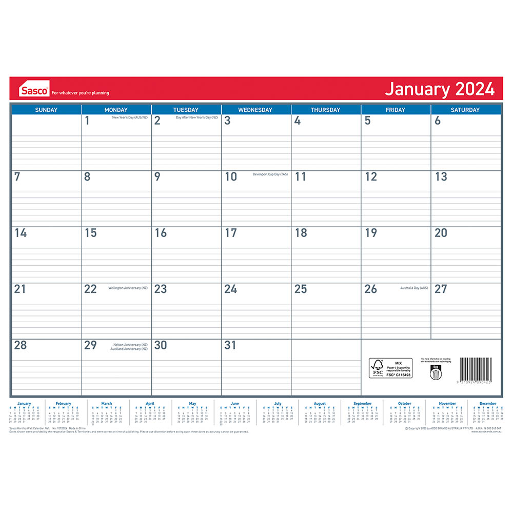 Image for SASCO 10720 DELUXE 512 X 376MM DESK AND WALL PLANNER from BusinessWorld Computer & Stationery Warehouse