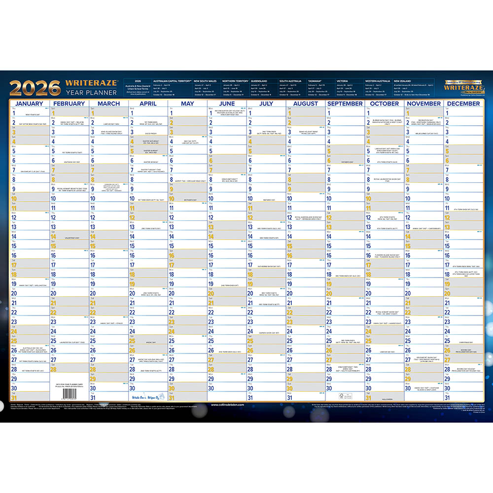 Image for COLLINS WRITERAZE 10800 QC EXECUTIVE YEAR PLANNER LAMINATED ROLL UP 700 X 1000MM from ALLBIZ Office Supplies