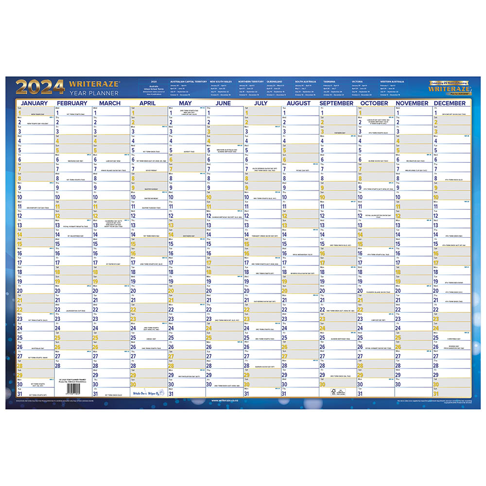 Image for COLLINS WRITERAZE 10800 QC EXECUTIVE YEAR PLANNER LAMINATED ROLL UP 700 X 1000MM from Clipboard Stationers & Art Supplies