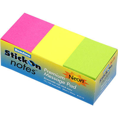 Image for STICK-ON NOTES 50 SHEETS 38 X 50MM NEON ASSORTED PACK 12 from BusinessWorld Computer & Stationery Warehouse