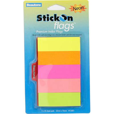 Image for STICK-ON FLAGS 50 SHEETS 25 X 76MM NEON ASSORTED PACK 5 from BusinessWorld Computer & Stationery Warehouse