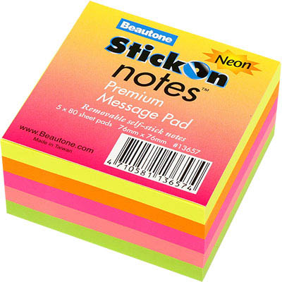 Image for STICK-ON NOTES 80 SHEETS 76 X 76MM NEON ASSORTED from Office Heaven