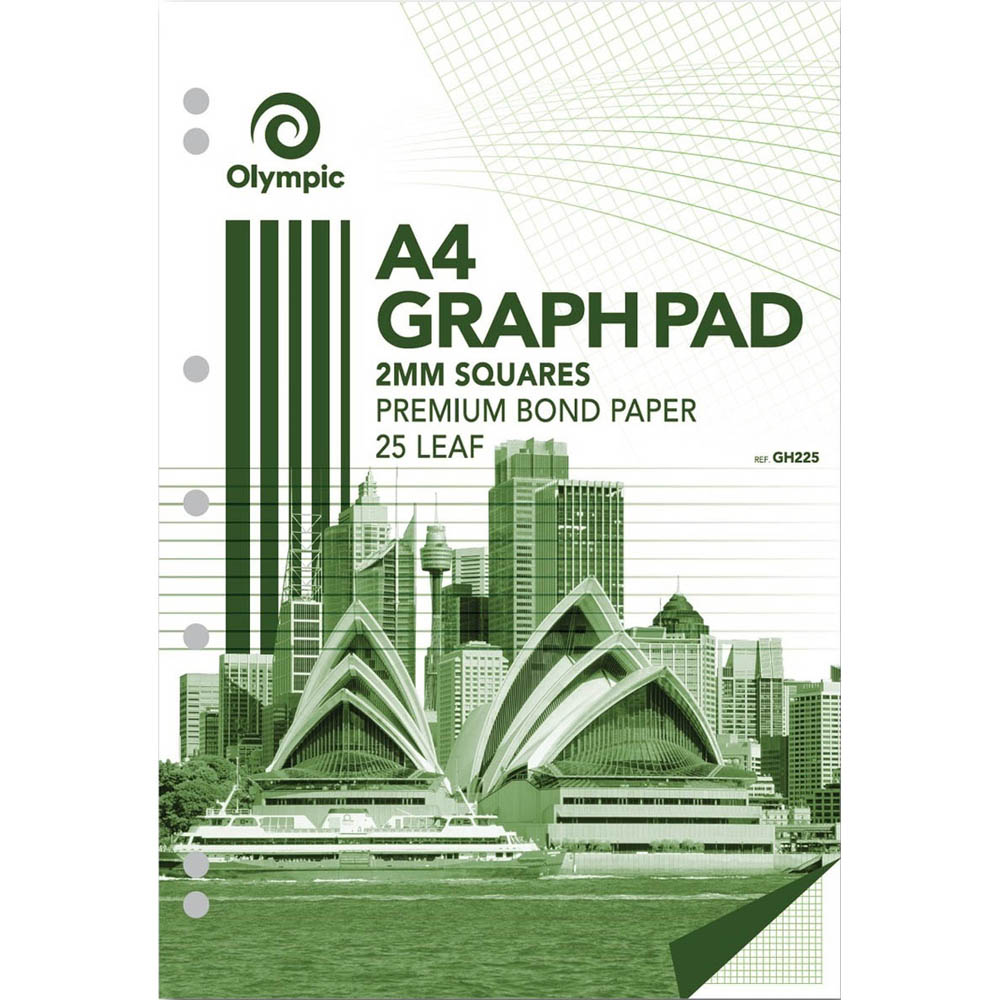 Image for OLYMPIC GH225 GRAPH PAD 2MM SQUARES 70GSM 25 LEAF A4 from Office Fix - WE WILL BEAT ANY ADVERTISED PRICE BY 10%