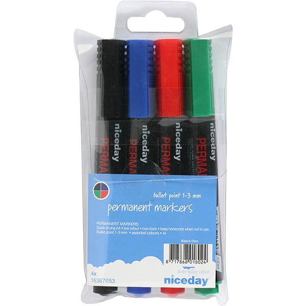 Image for NICEDAY PERMANENT MARKER BULLET TIP 1.5MM ASSORTED PACK 4 from Challenge Office Supplies