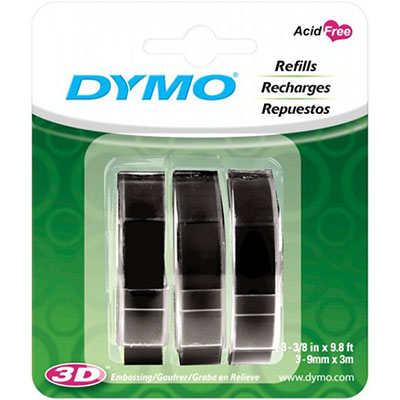 Image for DYMO 1741670 EMBOSSING LABELLING TAPE 9MM X 3M GLOSSY BLACK PACK 3 from York Stationers