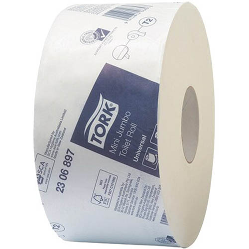 Image for TORK 2306897 T2 UNIVERSAL MINI JUMBO TOILET ROLL 1-PLY 400M WHITE CARTON 12 from That Office Place PICTON