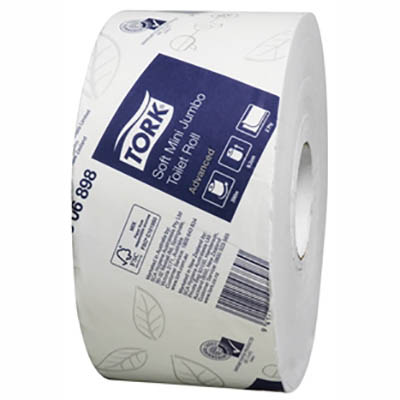 Image for TORK 2306898 T2 ADVANCED SOFT MINI JUMBO TOILET ROLL 2-PLY 200M WHITE CARTON 12 from York Stationers