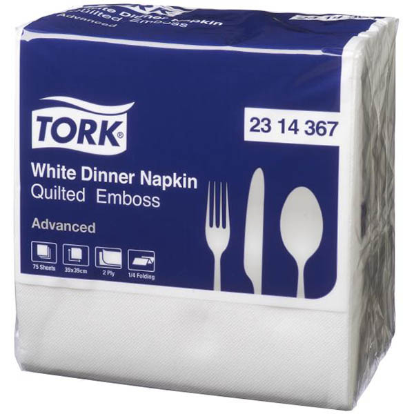 Image for TORK 2314367 QUILTED EMBOSS DINNER NAPKIN 2-PLY 390 X 390MM WHITE PACK 75 from York Stationers