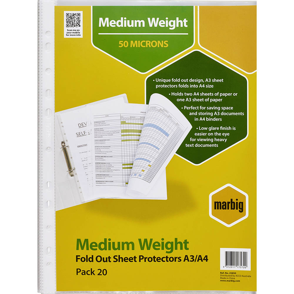 Image for MARBIG MEDIUMWEIGHT COPYSAFE SHEET PROTECTORS FOLD OUT A4 PACK 20 from Australian Stationery Supplies