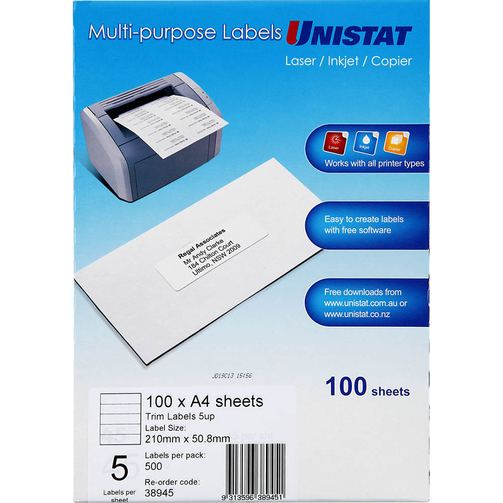 Image for UNISTAT 38945 MULTI-PURPOSE LABEL 5UP 50.8 X 210MM PACK 100 from Clipboard Stationers & Art Supplies