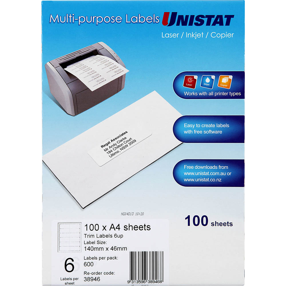 Image for UNISTAT 38946 MULTI-PURPOSE LABEL 6UP 45.5 X 139.7MM PACK 100 from Mitronics Corporation