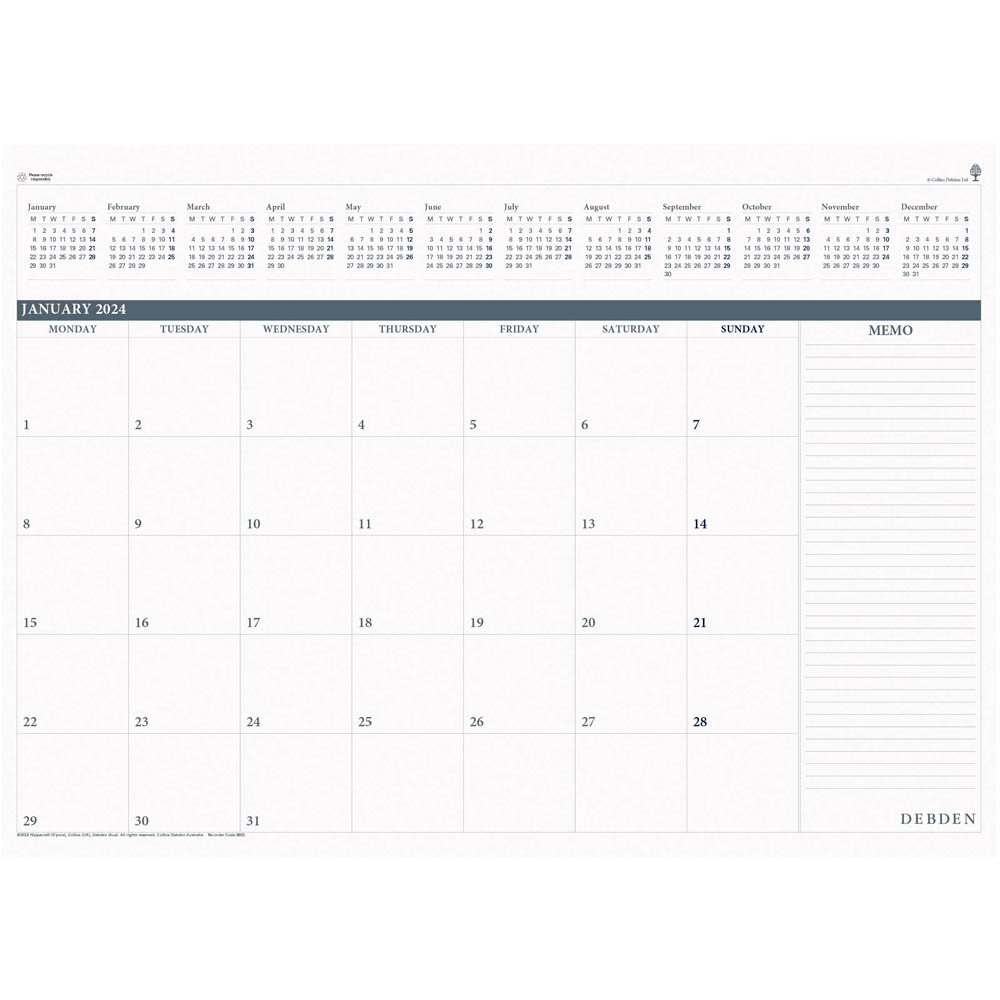 Image for DEBDEN TABLE TOP PLANNER 3902.CRF REFILL PAD MONTH TO VIEW 370 X 530MM from Office Express