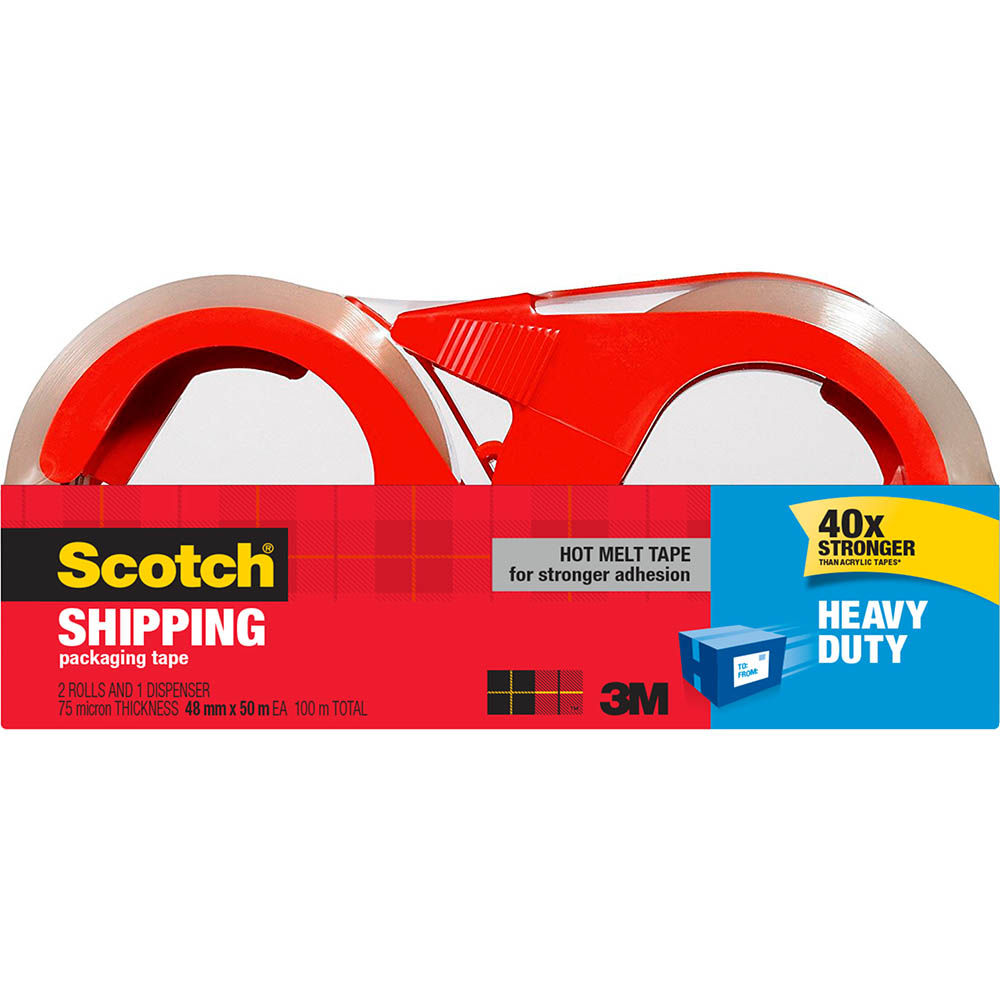 Image for SCOTCH 3850-2-1RD-AU HEAVY DUTY SHIPPING PACKAGING TAPE WITH DISPENSER 48MM X 50M PACK 2 from Merv's Stationery