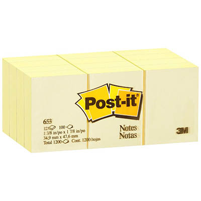 Image for POST-IT 653 MINI NOTES 36 X 48MM CANARY YELLOW PACK 12 from BusinessWorld Computer & Stationery Warehouse