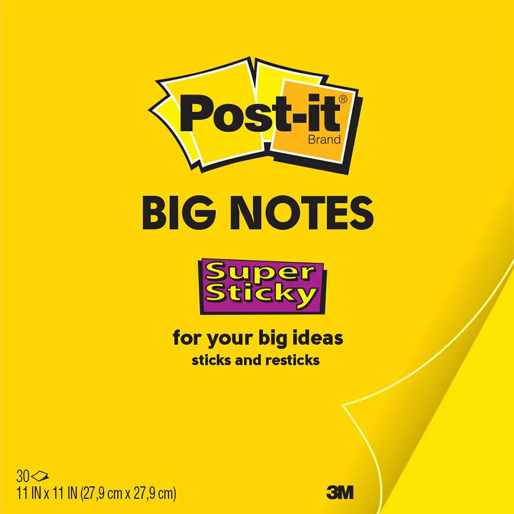Image for POST-IT BN11 SUPER STICKY BIG NOTE 279 X 279MM BRIGHT YELLOW 30 SHEETS from York Stationers