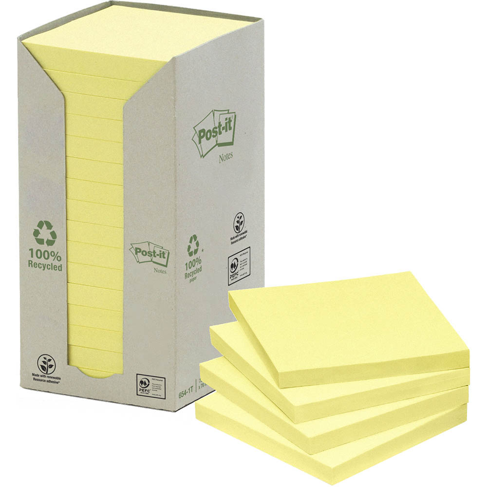 Image for POST-IT 654-1T 100% RECYCLED NOTES 76 X 76MM YELLOW PACK 16 from Prime Office Supplies