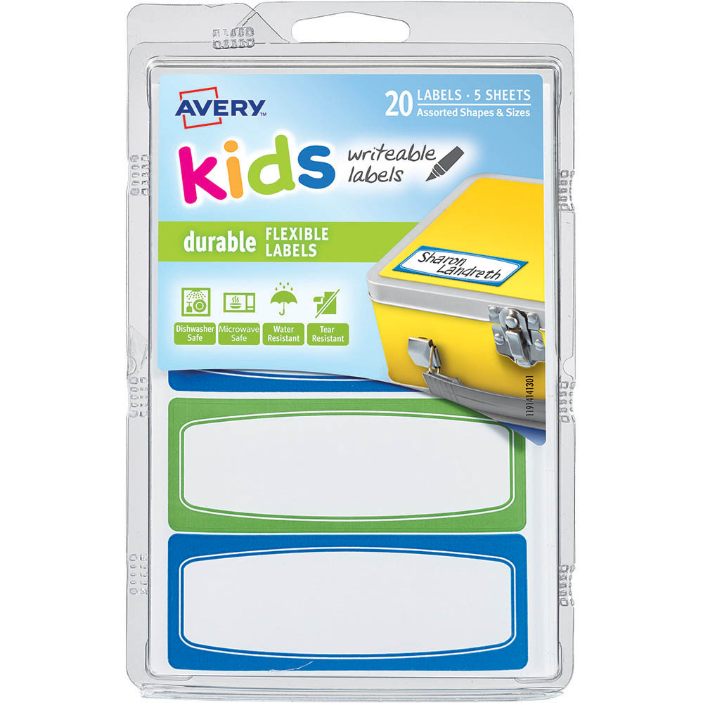 Image for AVERY 41413 KIDS WRITEABLE LABELS RECTANGULAR ASSORTED BLUE/GREEN PACK 20 from Mitronics Corporation