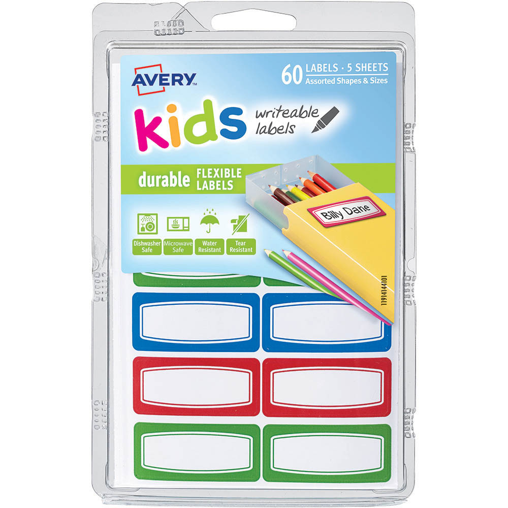 AVERY 41441 KIDS WRITEABLE LABELS RECTANGULAR ASSORTED PACK 60 |  | 7051312