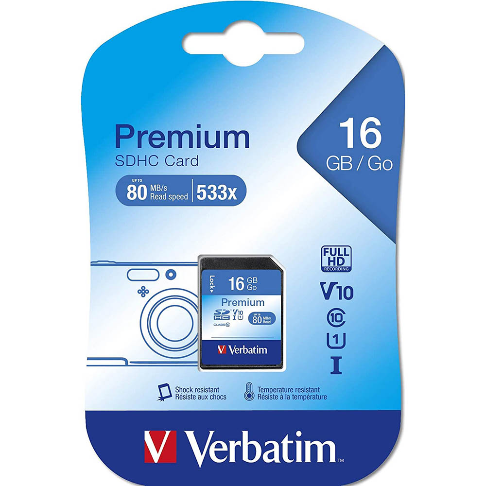 Image for VERBATIM PREMIUM SDHC MEMORY CARD CLASS 10 16GB from York Stationers