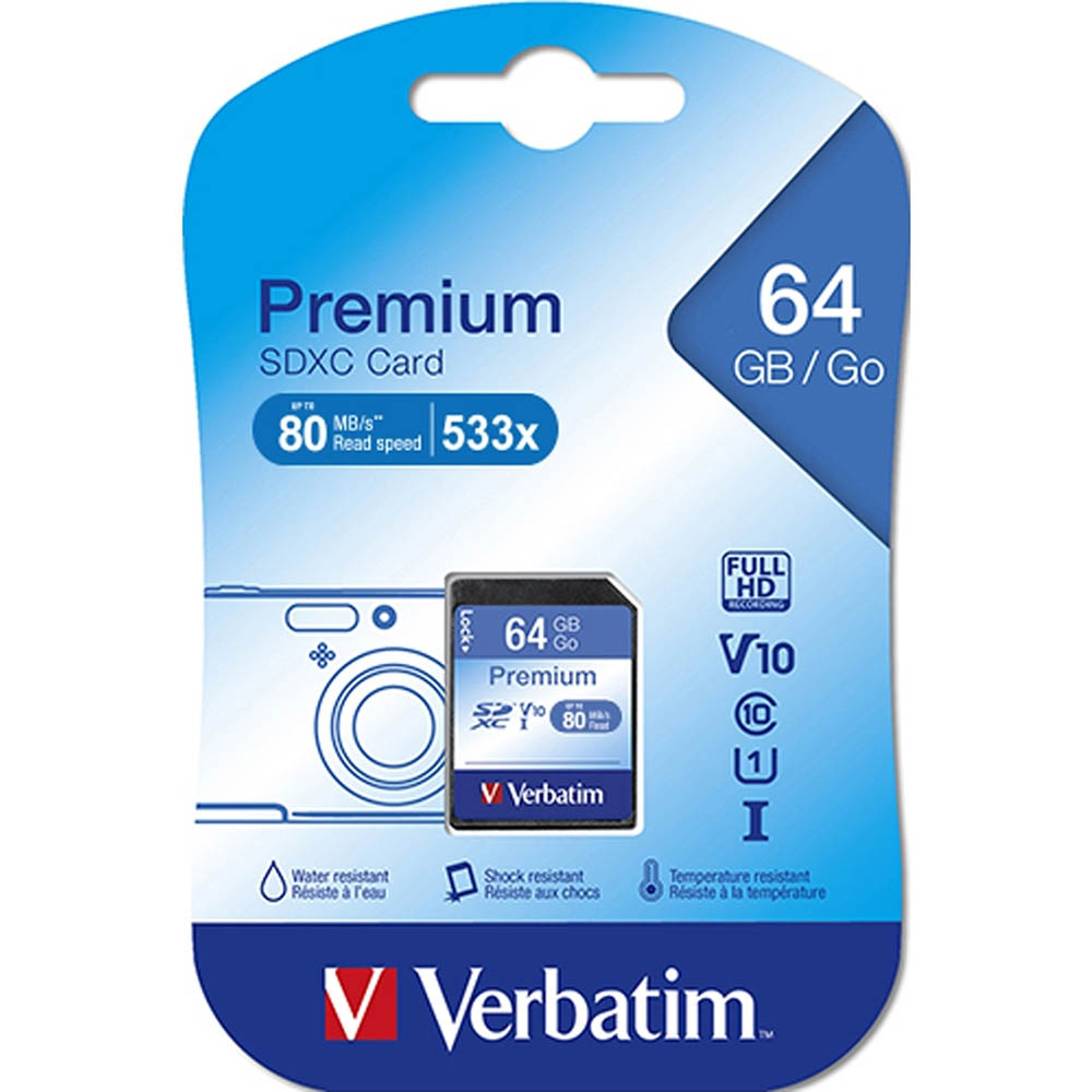 Image for VERBATIM PREMIUM SDXC MEMORY CARD UHS-I V10 U1 CLASS 10 64GB from Prime Office Supplies