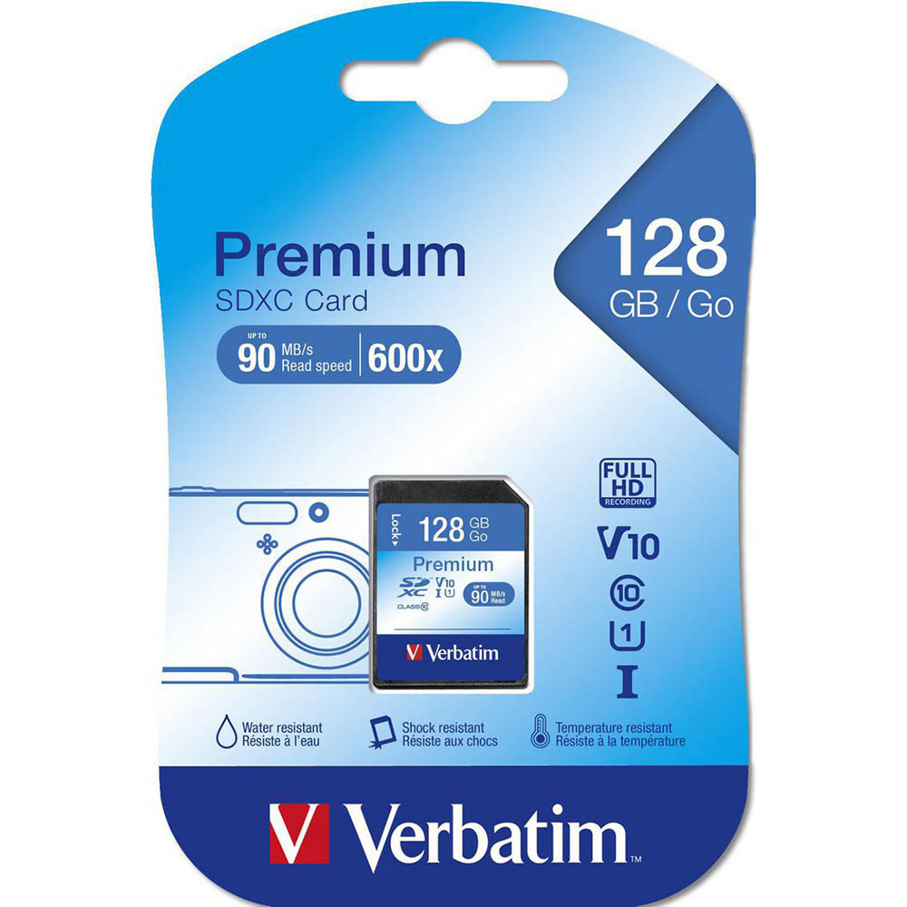 Image for VERBATIM PREMIUM SDXC MEMORY CARD UHS-I V10 U1 CLASS 10 128GB from BusinessWorld Computer & Stationery Warehouse