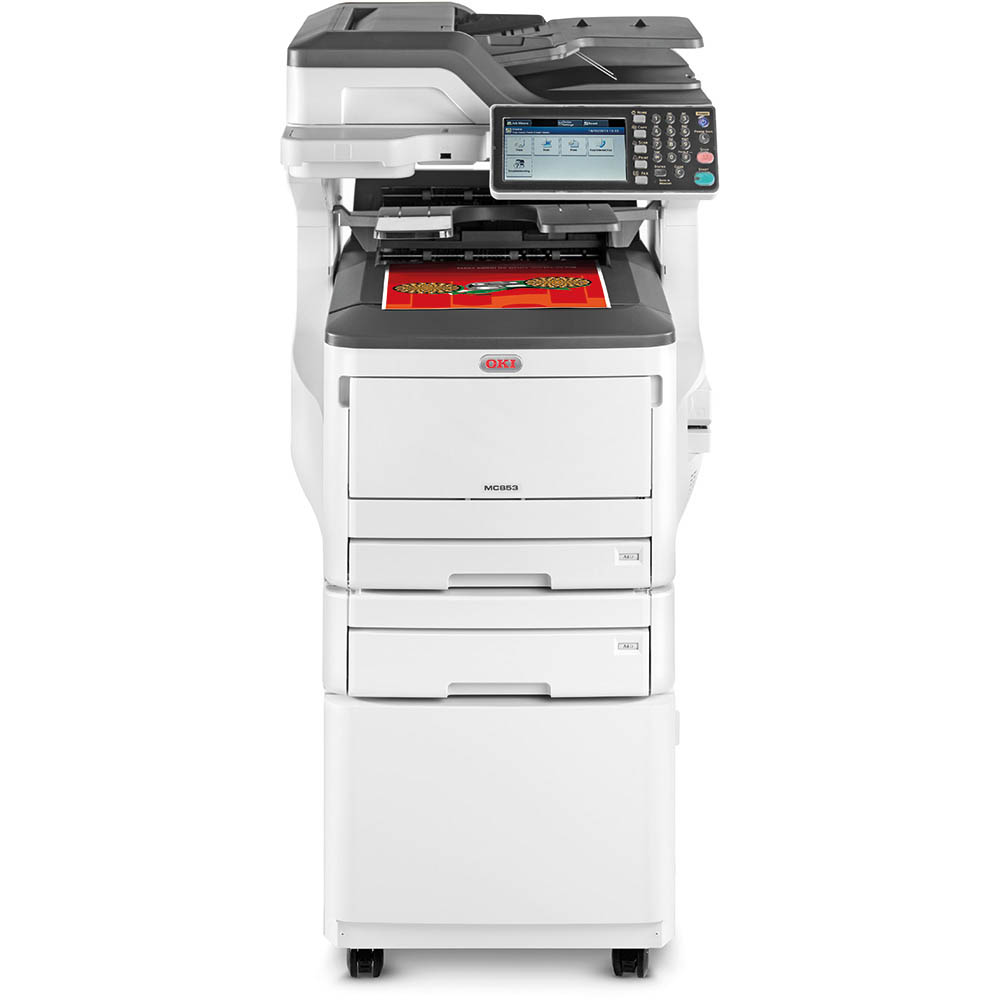 Image for OKI MC853DNCT MULTIFUNCTION COLOUR LASER PRINTER DUPLEX, NETWORKED, 2ND PAPER TRAY, CABINET A3 from York Stationers