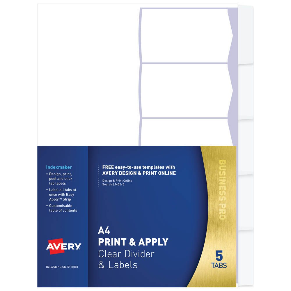 Image for AVERY 5111081 L7455-5 DIVIDER PRINT AND APPLY 5-TAB CLEAR from Office Express