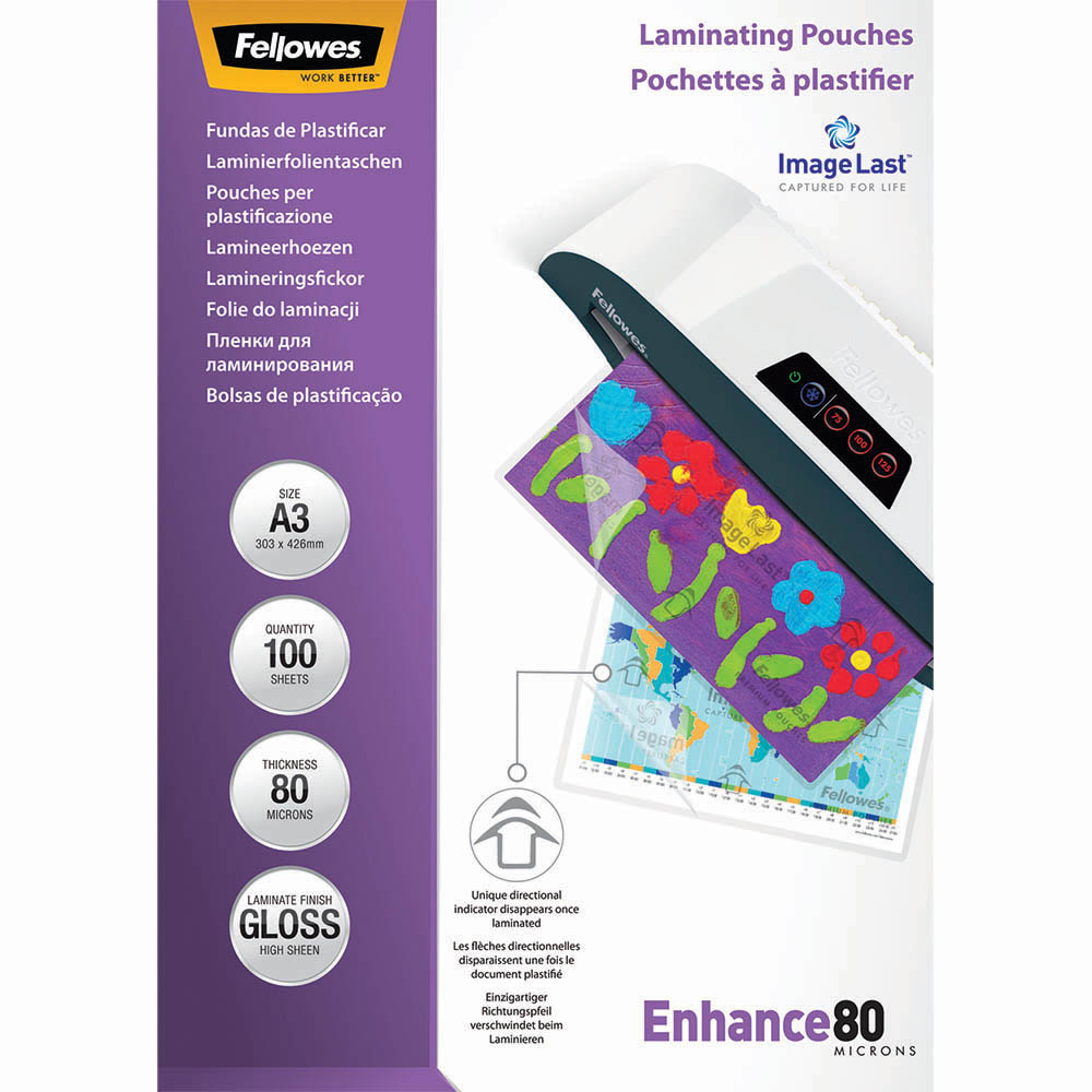 Image for FELLOWES IMAGELAST LAMINATING POUCH GLOSS 80 MICRON A3 CLEAR PACK 100 from Clipboard Stationers & Art Supplies