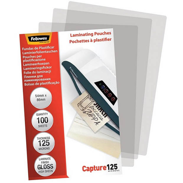 Image for FELLOWES LAMINATING POUCH GLOSS 125 MICRON 54 X 86MM CLEAR PACK 100 from Clipboard Stationers & Art Supplies