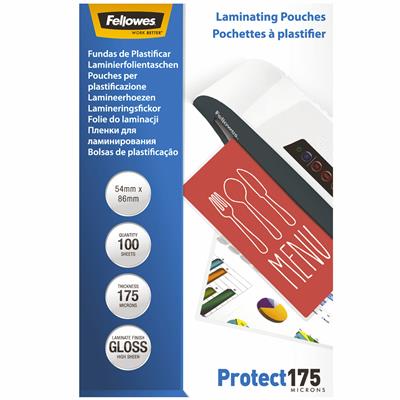 Image for FELLOWES LAMINATING POUCH GLOSS 175 MICRON 54 X 86MM CLEAR PACK 100 from Mitronics Corporation