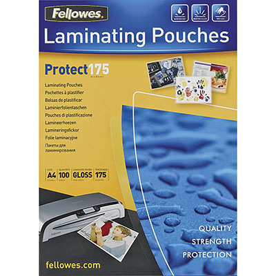 Image for FELLOWES LAMINATING POUCH GLOSS 175 MICRON 59 X 83MM CLEAR PACK 100 from Mitronics Corporation