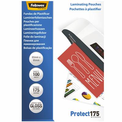 Image for FELLOWES LAMINATING POUCH GLOSS 175 MICRON 65 X 95MM CLEAR PACK 100 from Mitronics Corporation