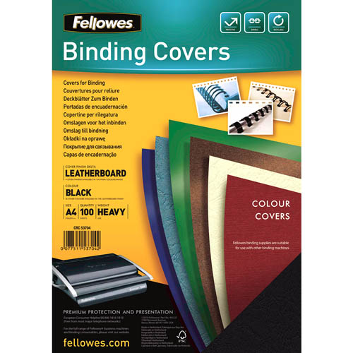 Image for FELLOWES BINDING COVER LEATHERGRAIN 230GSM A4 BLACK PACK 100 from BusinessWorld Computer & Stationery Warehouse