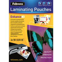 fellowes enhance laminating pouch pre punched 80 micron a4 clear pack 100