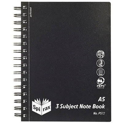 Image for SPIRAX P572 3-SUBJECT NOTEBOOK 7MM RULED SIDE OPEN 300 PAGE A5 BLACK from BusinessWorld Computer & Stationery Warehouse