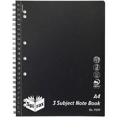 Image for SPIRAX P599 3-SUBJECT NOTEBOOK 7MM RULED SIDE OPEN A4 300 PAGE BLACK from York Stationers