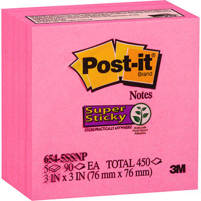 Image for POST-IT 654-5SSNP SUPER STICKY NOTES 76 X 76MM PINK PACK 5 from Memo Office and Art