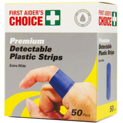 Image for FIRST AIDERS CHOICE ADHESIVE DETECTABLE PLASTIC STRIPS BLUE PACK 50 from Challenge Office Supplies