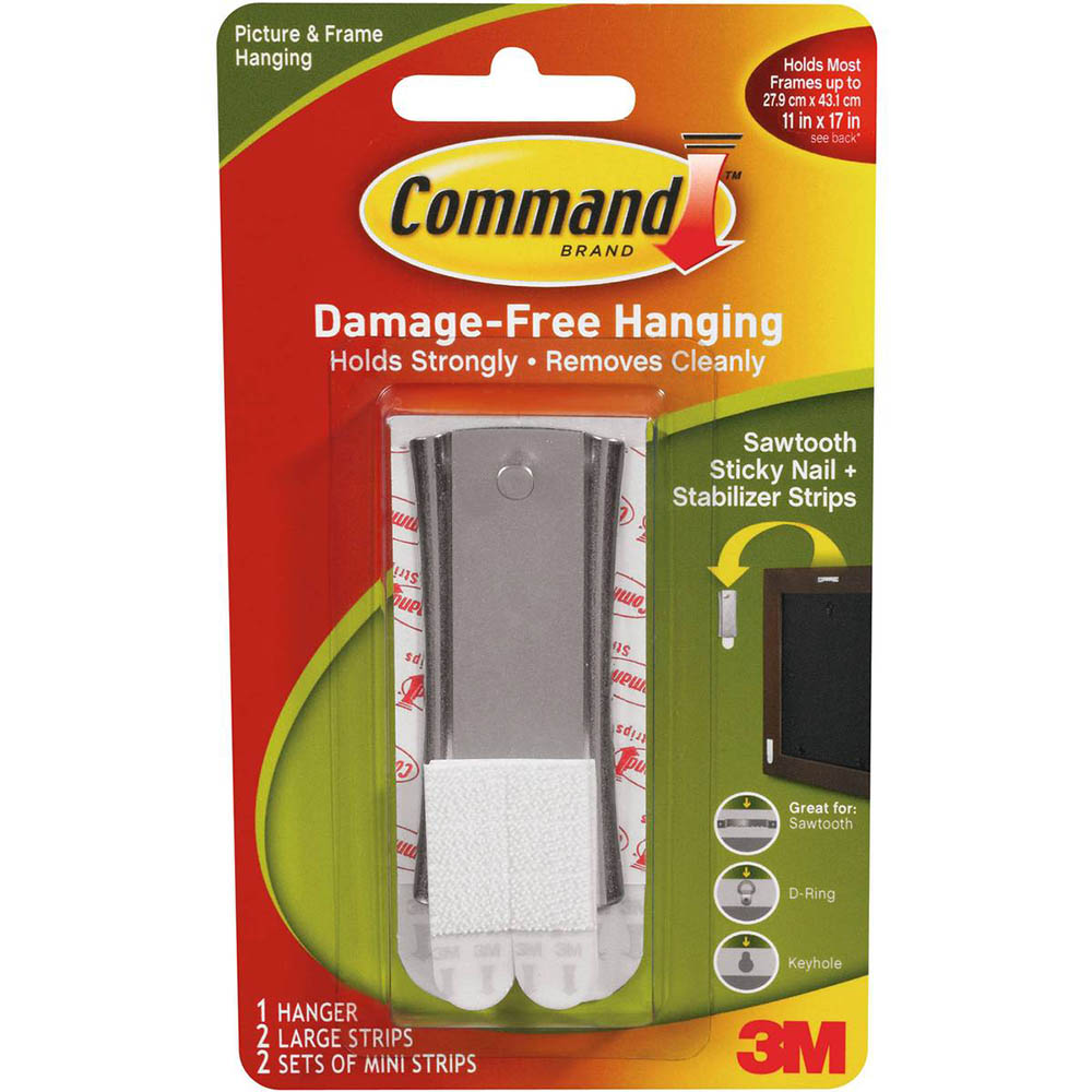 Image for COMMAND ADHESIVE SAWTOOTH STICKY NAIL PICTURE HANGERS METAL PACK 1 HANGER, 2 STRIPS AND 2 STABILIZER STRIPS from BusinessWorld Computer & Stationery Warehouse