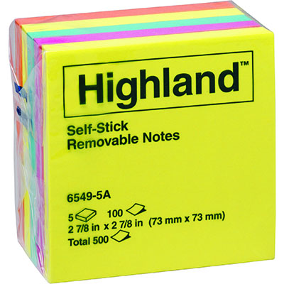 Image for HIGHLAND COLOURED NOTES 100 SHEETS PER PAD 73 X 73MM ASSORTED BRIGHT COLOURS PACK 5 from Clipboard Stationers & Art Supplies