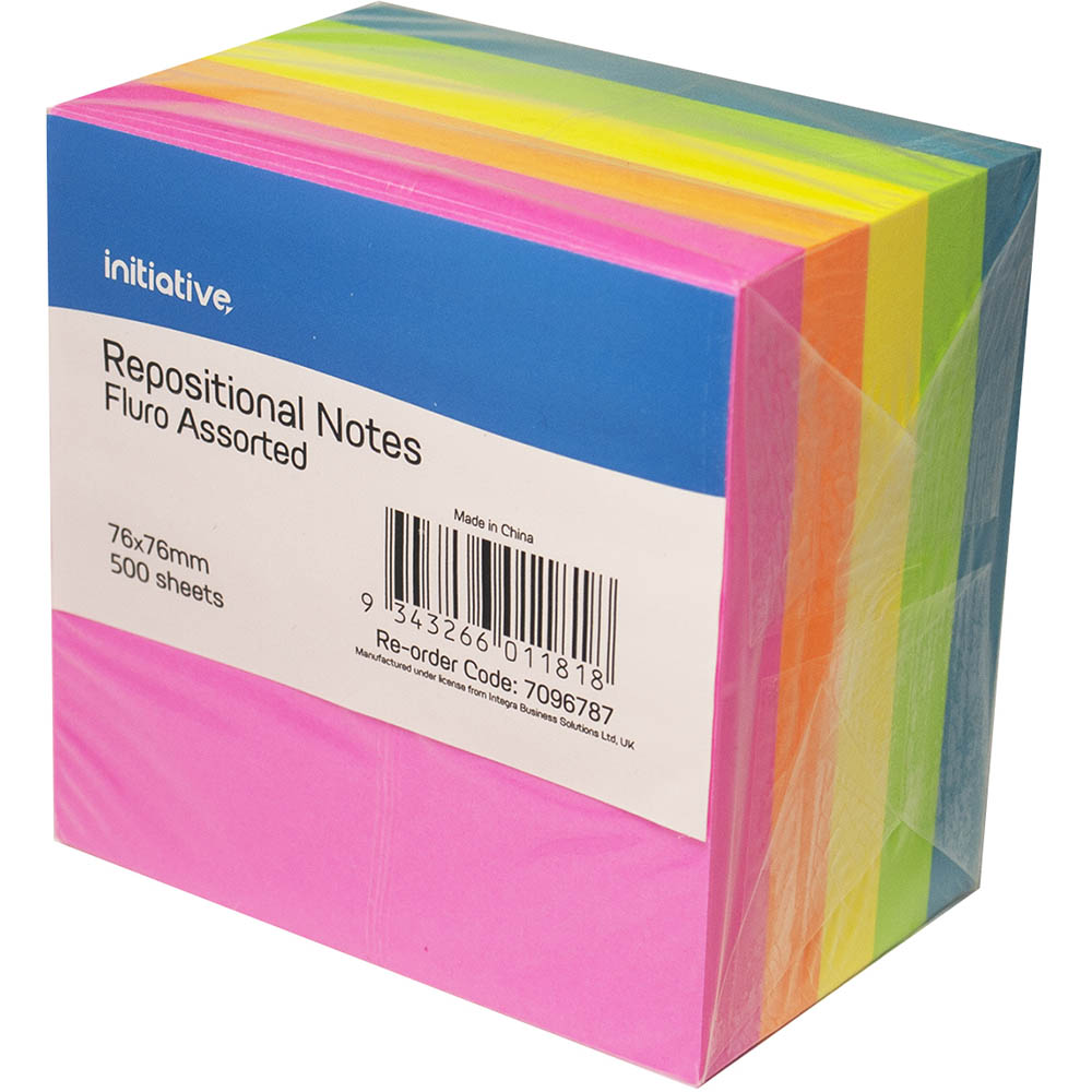 Image for INITIATIVE REPOSITIONAL NOTES CUBE 76 X 76MM FLURO ASSORTED 500 SHEETS from Office Heaven