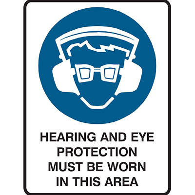 Image for BRADY MANDATORY SIGN HEARING AND EYE PROTECTION MUST BE WORN IN THIS AREA 450 X 300MM POLYPROPYLENE from BusinessWorld Computer & Stationery Warehouse