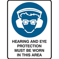 brady mandatory sign hearing and eye protection must be worn in this area 450 x 300mm polypropylene