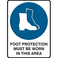 brady mandatory sign foot protection must be worn in this area 450 x 300mm polypropylene