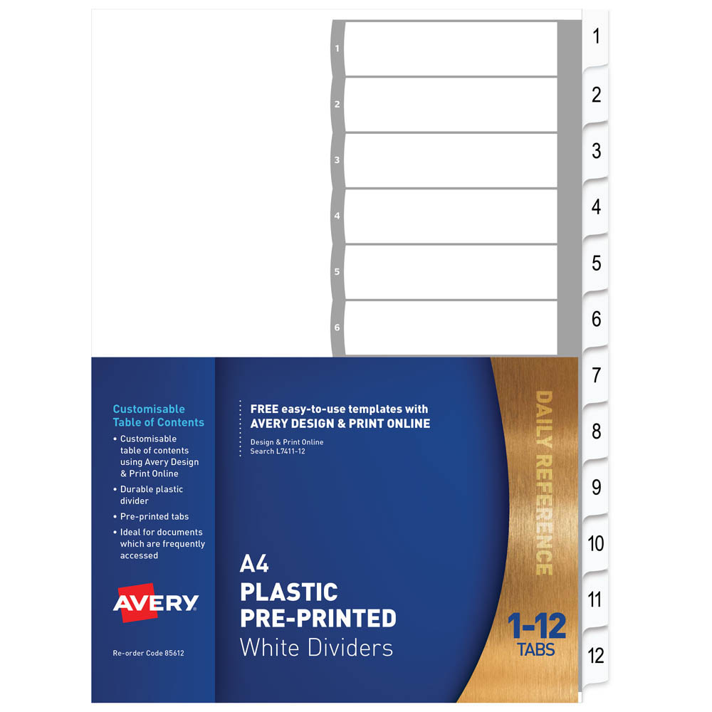 Image for AVERY 85612 L7411-12 DIVIDER 1-12 INDEX TAB A4 WHITE from BusinessWorld Computer & Stationery Warehouse